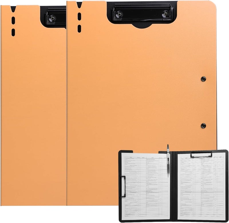 FRETONBA Clipboard Folder, 2 Pcs A4 Foldable Clipboard with Horizontal and Vertical Double Metal Clips, 360 Degree Foldable Binder Clipboards with Pen Holder, File Cover Work Folder Clipboards, Orange - Image 1